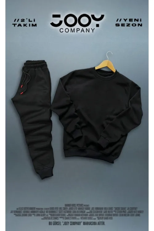 Siyah Bisiklet Yaka Sweatshirt Siyah Eşofman Altı Takım 2’li Kombin