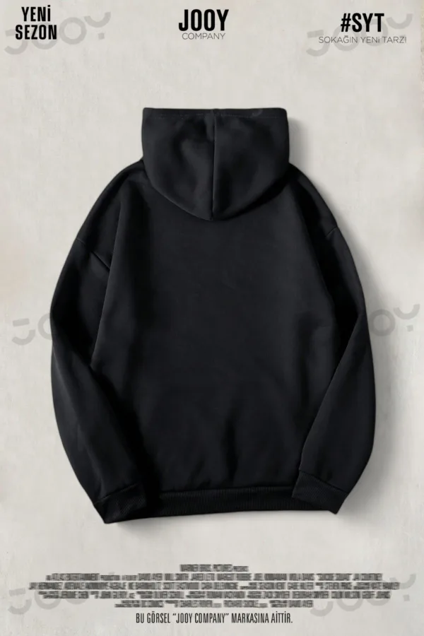 Siyah Düz Baskısız Kalın Şardonlu 3 İplik Kapüşonlu Sweatshirt - L-alttext2