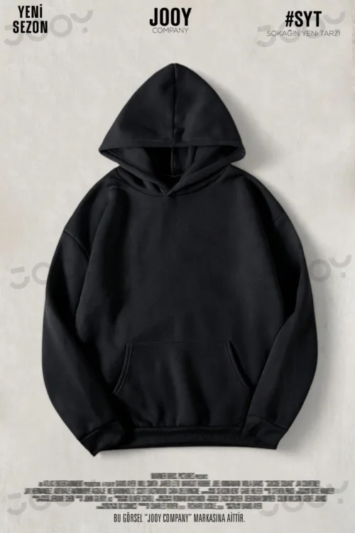 Siyah Düz Baskısız Kalın Şardonlu 3 İplik Kapüşonlu Sweatshirt