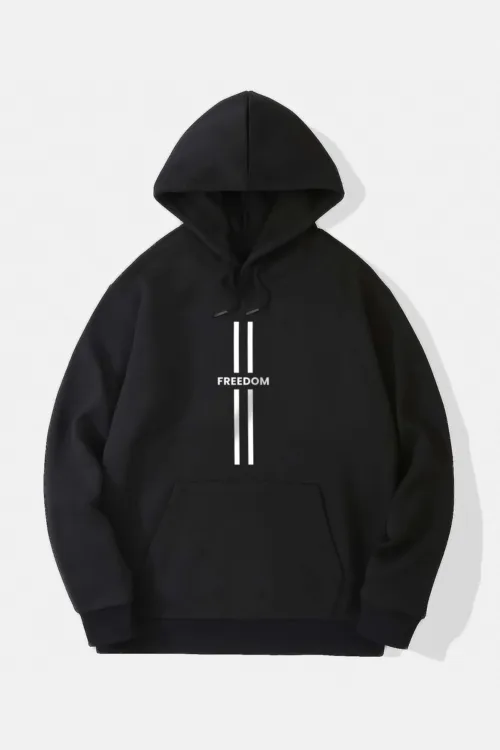 Siyah Freedom Baskılı Kapüşonlu Sweatshirt Hoodie