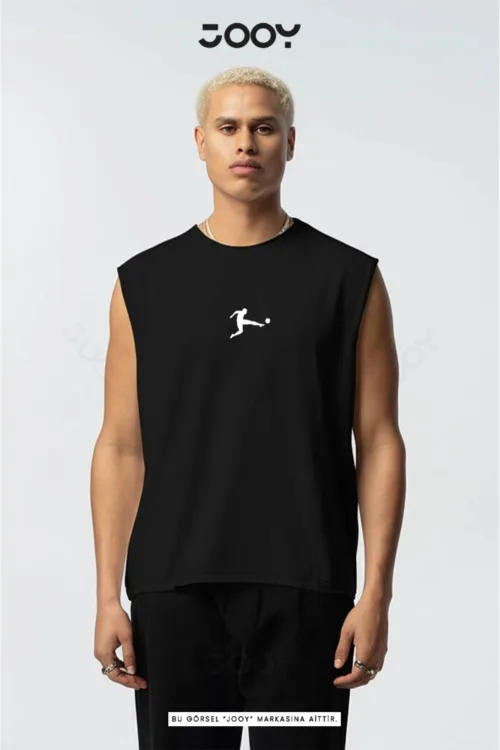 Siyah Futbolcu Baskılı Antrenman Sporcu Atleti Oversize Kolsuz T-Shirt