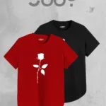 Siyah Kırmızı Oval Kesim Gül Tasarım Tshirt 2'li Set - L-alttext1