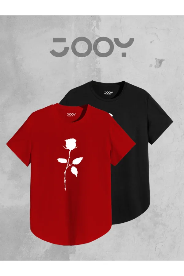 Siyah Kırmızı Oval Kesim Gül Tasarım Tshirt 2'li Set - L-alttext1