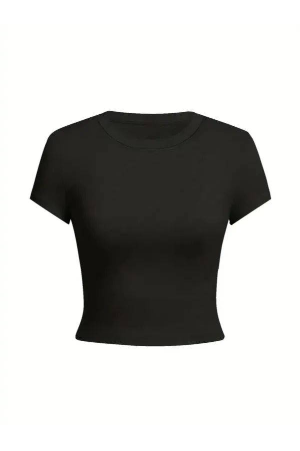 Siyah Likralı Kısa Kol Vücuda Oturan Fitted Crop T-Shirt - M-alttext5