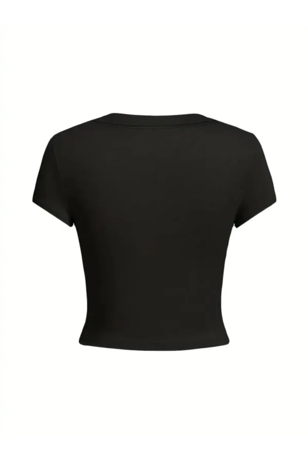 Siyah Likralı Kısa Kol Vücuda Oturan Fitted Crop T-Shirt - M-alttext6