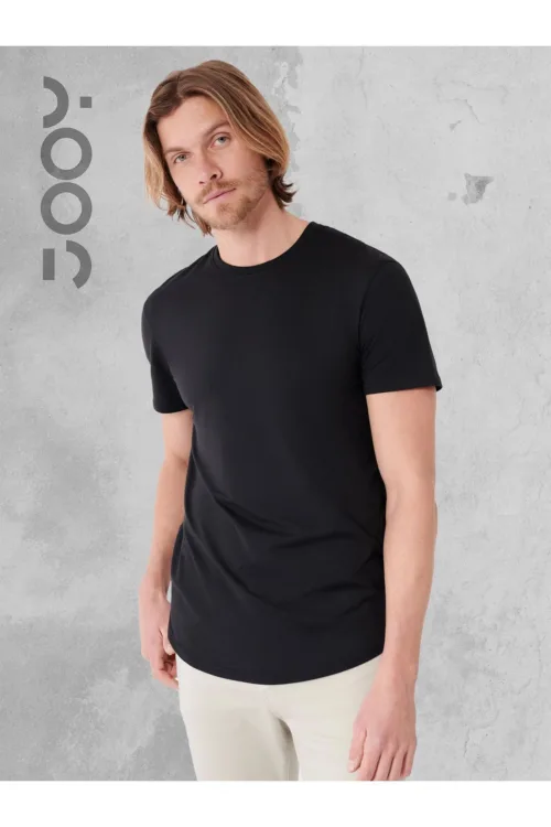 Siyah Oval Kesim Düz Baskısız Basic Slim Fit Tshirt