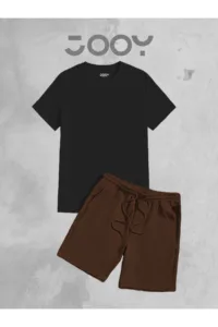 Siyah Oversize Tshirt - Kahverengi Penye Şort Takım-alttext1