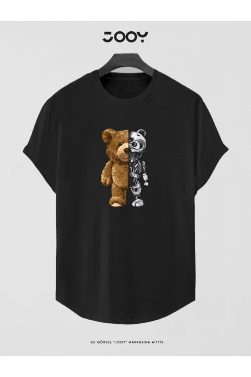 Siyah Robotic Ayıcık Baskılı Slim Fit Oval Kesim T-Shirt