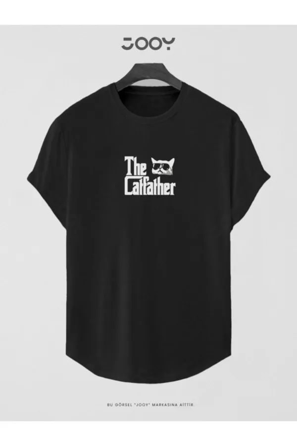 Siyah The Catfather Baskılı Slim Fit Oval Kesim T-Shirt - M-alttext1