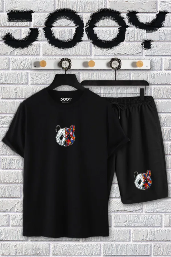 Siyah Tokyo Panda Baskılı Oversize T-shirt Ve Penye Şort Takım - S-alttext2