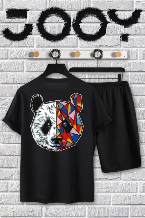 Siyah Tokyo Panda Baskılı Oversize T-shirt Ve Penye Şort Takım