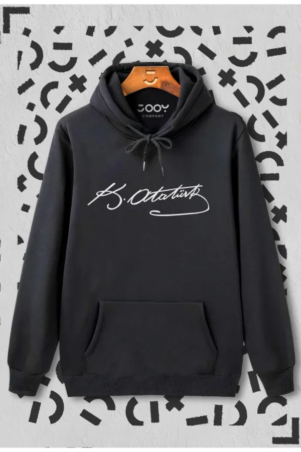 Siyah Unisex Atatürk Imza Baskılı Kapüşonlu Sweatshirt Hoodie - S-alttext1
