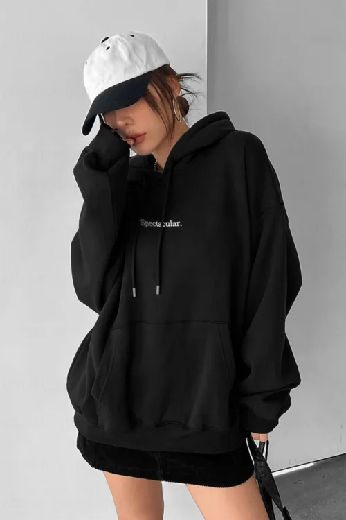 Spectacular Baskılı Siyah Kadın Kapüşonlu Sweatshirt Hoodie