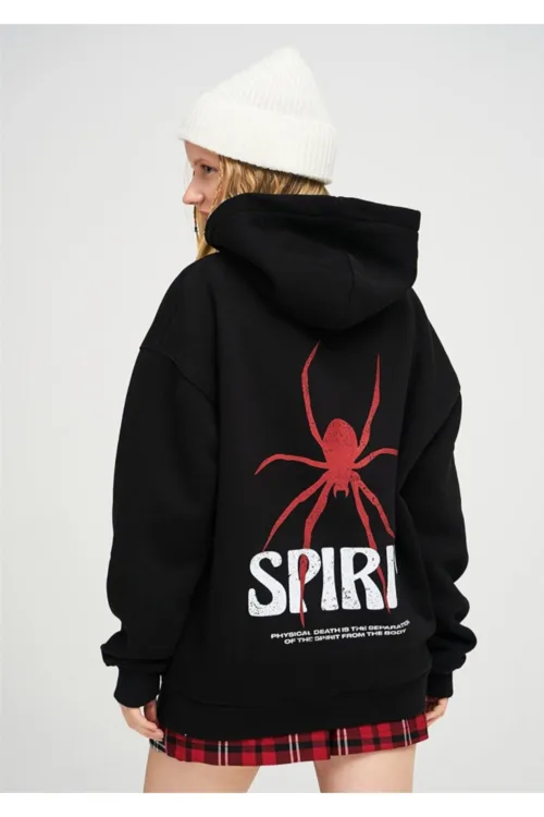 Spirit Baskılı Siyah Kapüşonlu Sweatshirt Hoodie