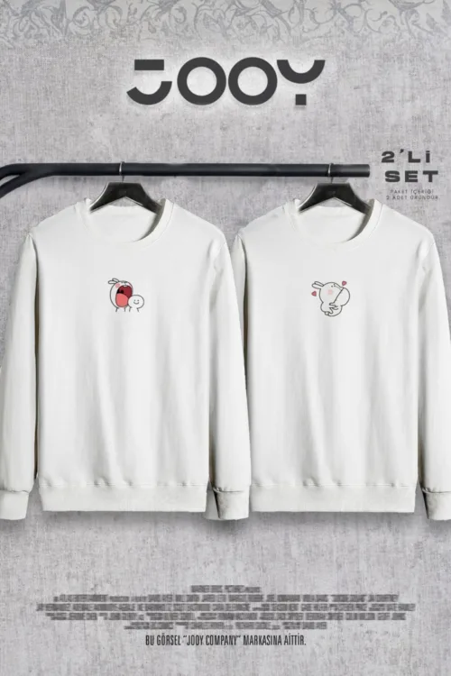 Tavşan Tasarım Sevgili Çift Kombini Bisiklet Yaka Sweatshirt 2’li Set