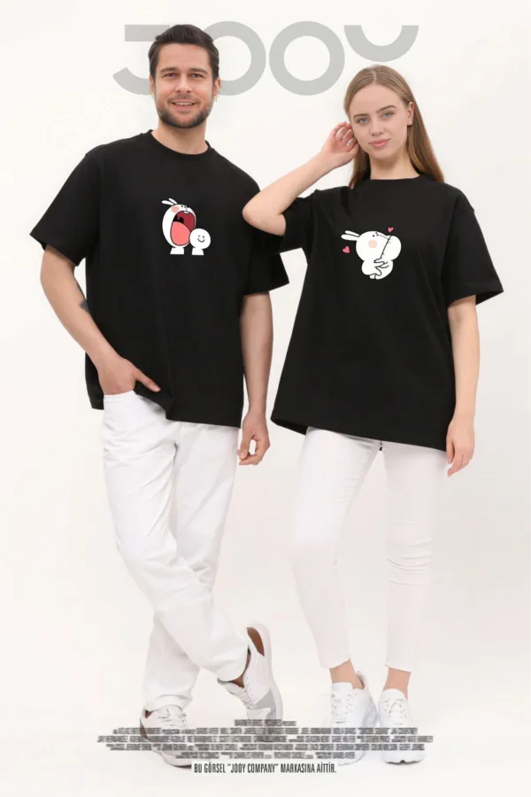 Tavşan Tasarım Sevgili Çift Kombini Siyah Oversize T-Shirt 2'li Set - S-alttext1