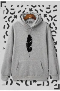 Tüy Baskılı Gri Kapüşonlu Sweatshirt-alttext1