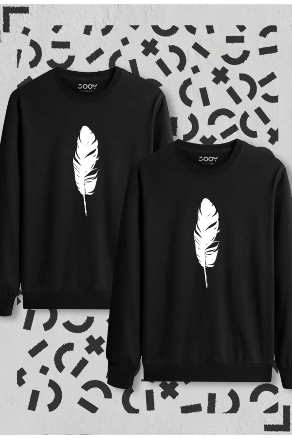 Tüy Baskılı Siyah Bisiklet Yaka Sweatshirt 2'li Set - M-alttext1