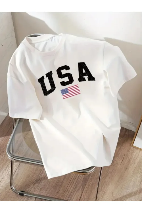 USA Bayrak Baskılı Beyaz Oversize Tshirt