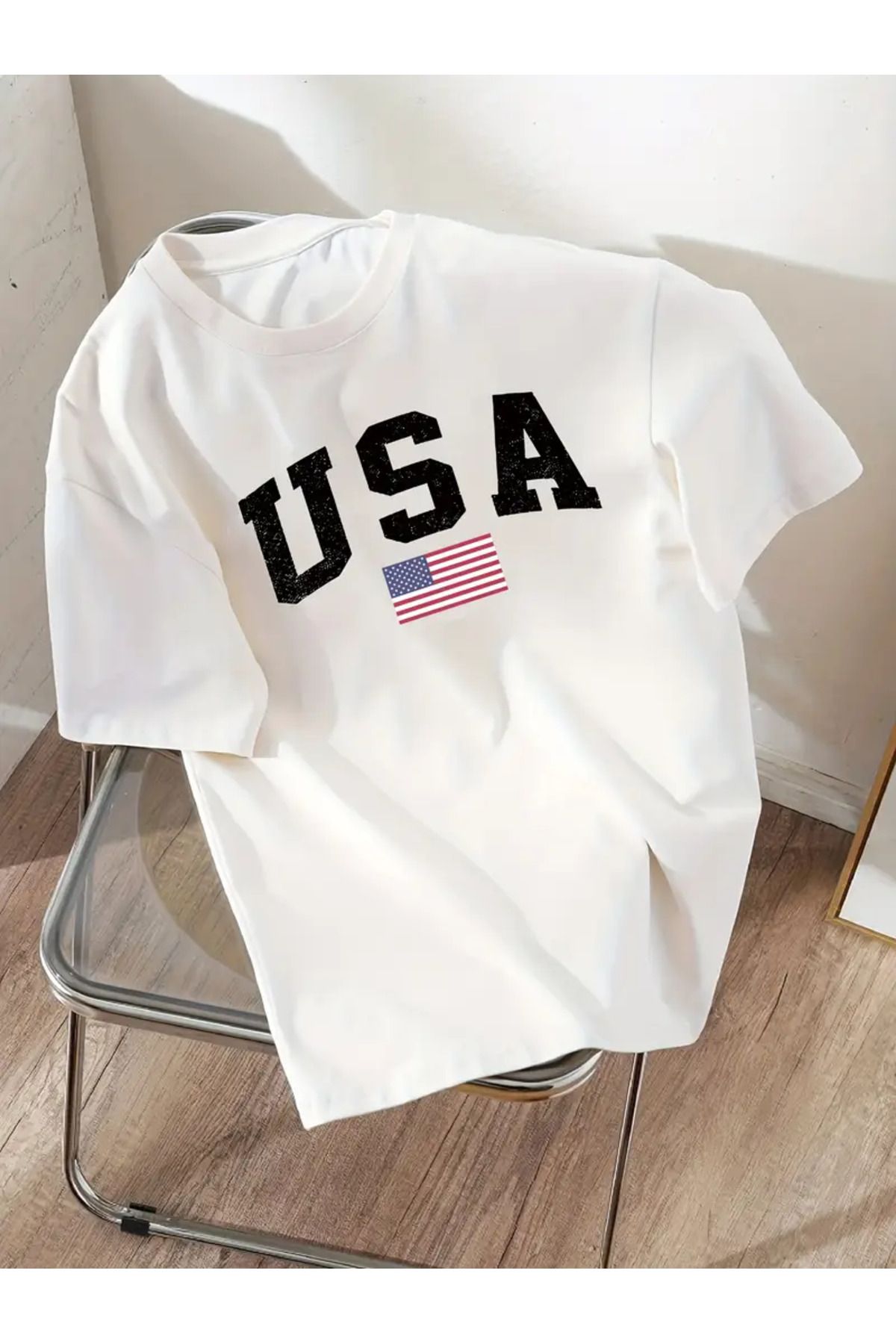 USA Bayrak Baskılı Beyaz Oversize Tshirt