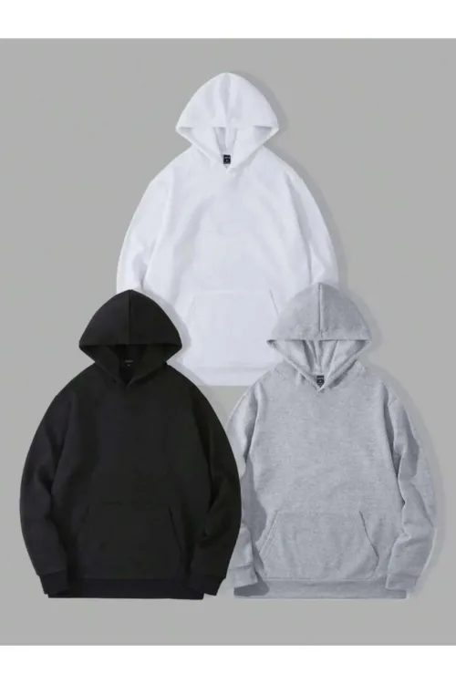 Unisex 3’lü Düz Baskısız Kapüşonlu Sweatshirt Hoodie Kampanyalı Set