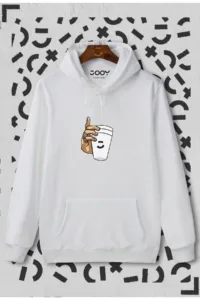 Unisex Bardak Baskılı Beyaz Kapüşonlu Sweatshirt-alttext1