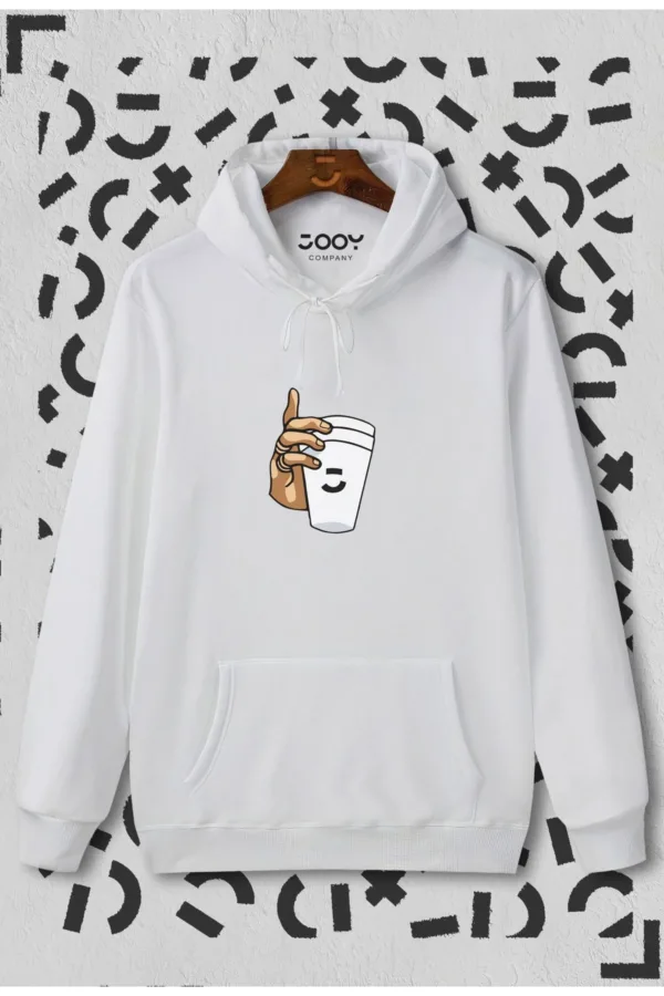 Unisex Bardak Baskılı Beyaz Kapüşonlu Sweatshirt - L-alttext1