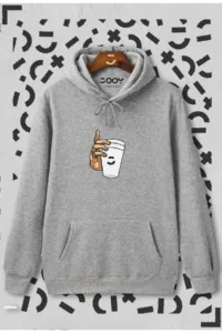 Unisex Bardak Baskılı Gri Kapüşonlu Sweatshirt-alttext1