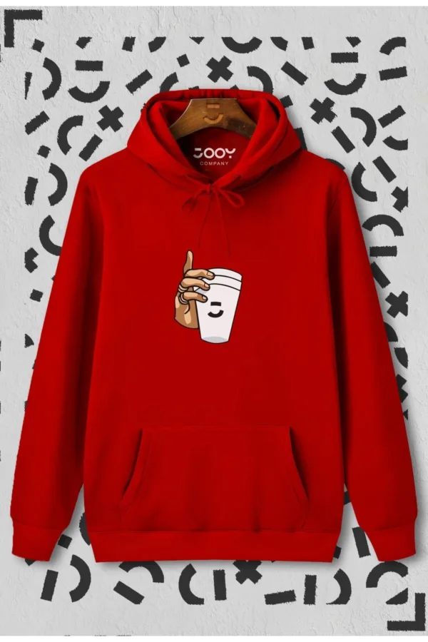 Unisex Bardak Baskılı Kırmızı Kapüşonlu Sweatshirt - L-alttext1