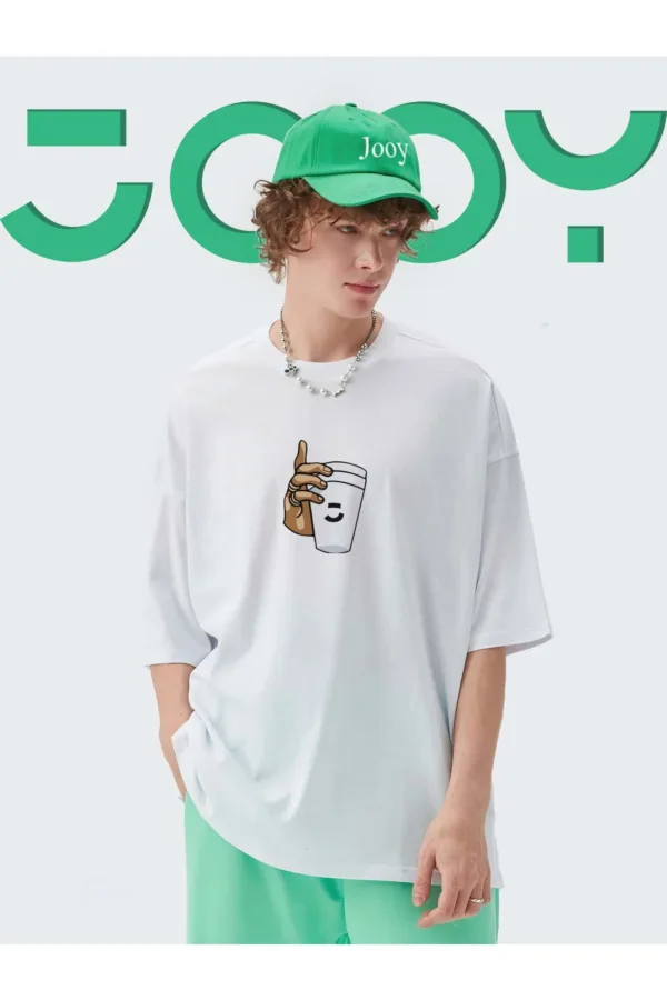 Unisex Bardak Baskılı Oversize Beyaz Tshirt - L-alttext1