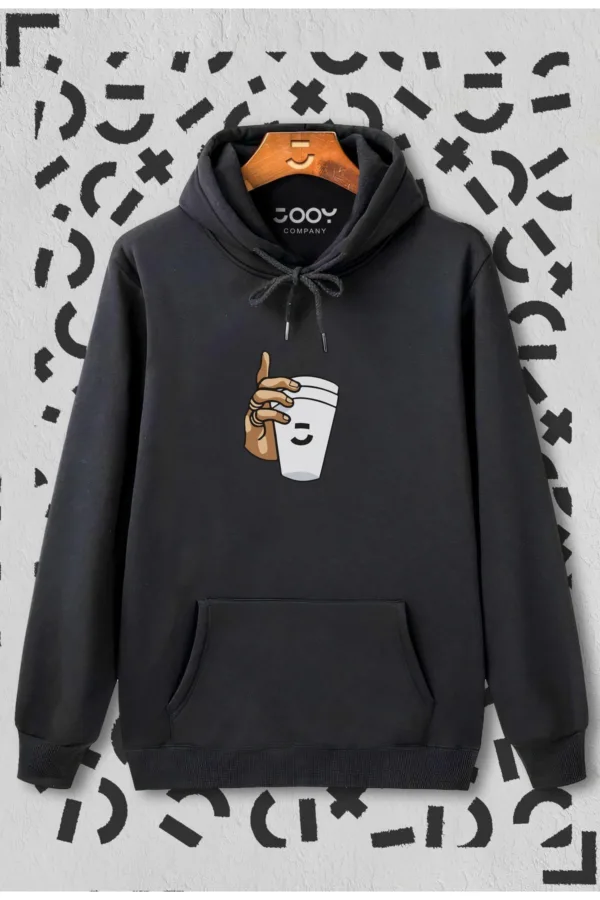 Unisex Bardak Baskılı Siyah Kapüşonlu Sweatshirt - S-alttext1