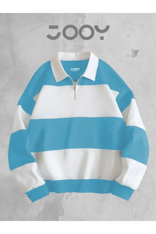 Unisex Bebe Mavi Beyaz Polo Yaka Fermuarlı Parçalı Sweatshirt
