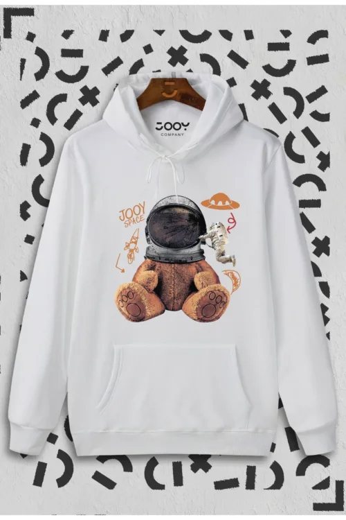 Unisex Beyaz Astronot Ayıcık Baskılı Sweatshirt