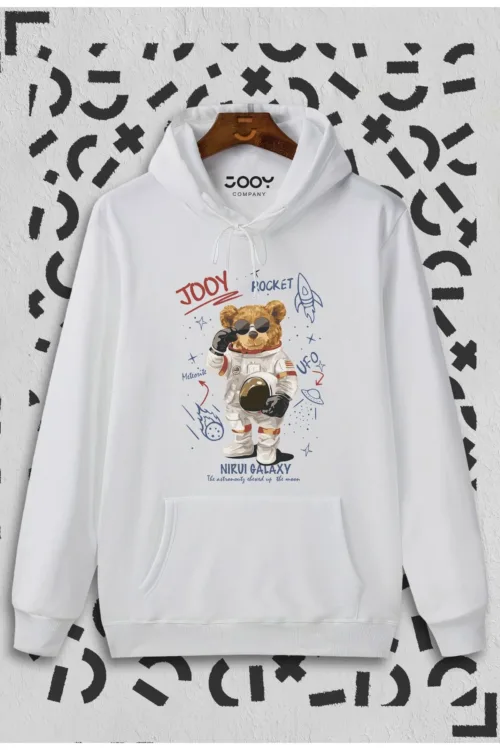 Unisex Beyaz Galaxy Bear Kapüşonlu Sweatshirt