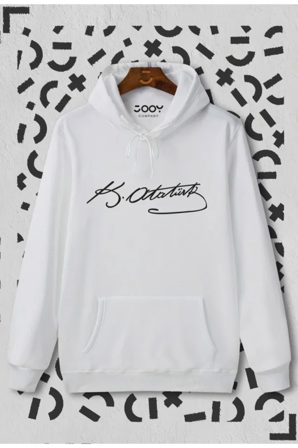 Unisex Beyaz Gazi M.kemal Atatürk Imza Kapüşonlu Sweatshirt Hoodie - M-alttext1