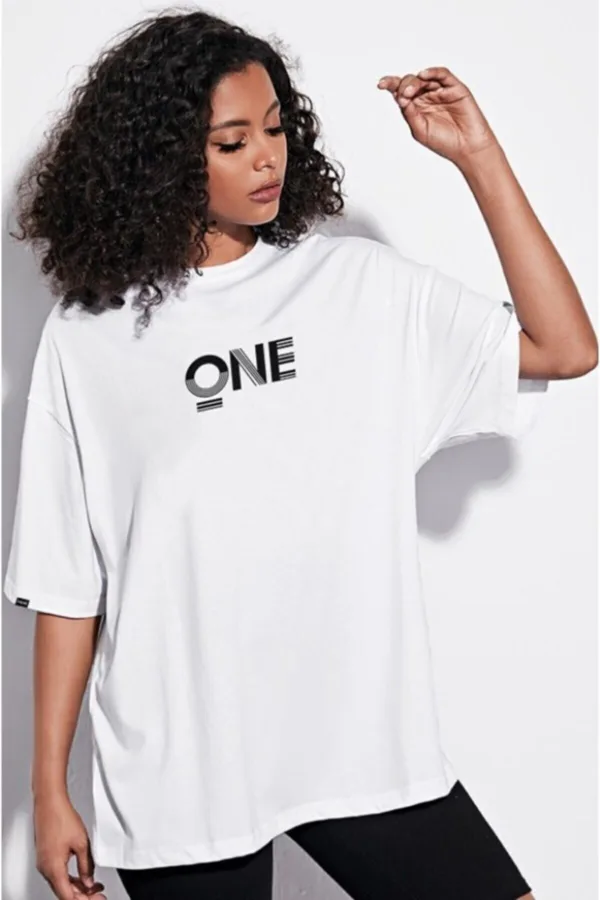 Unisex Beyaz One Baskılı Oversize T-shirt - M-alttext2