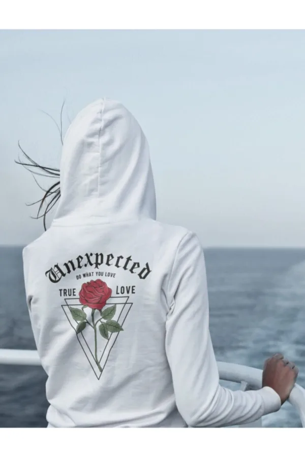 Unisex Beyaz Unexpected Rose Kapüşonlu Sweatshirt - M-alttext2