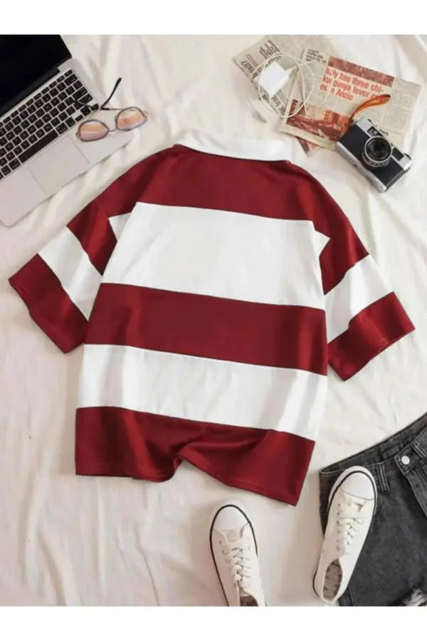 Unisex Bordo Beyaz Çizgili Yarım Fermuarlı Polo Yaka T-Shirt - L-alttext2