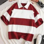Unisex Bordo Beyaz Çizgili Yarım Fermuarlı Polo Yaka T-Shirt - L-alttext1