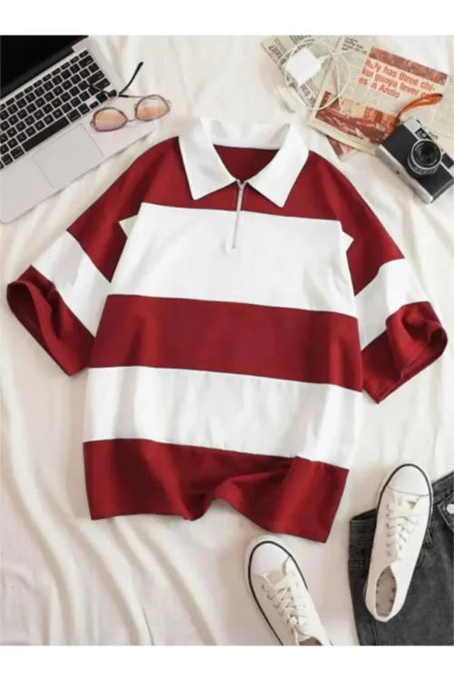 Unisex Bordo Beyaz Çizgili Yarım Fermuarlı Polo Yaka T-Shirt