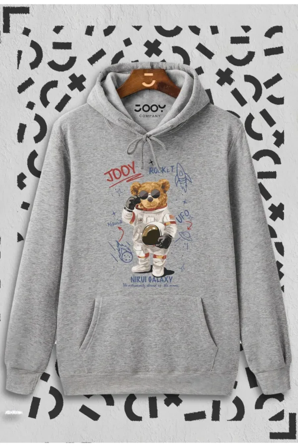 Unisex Gri Galaxy Bear Kapüşonlu Sweatshirt - L-alttext1