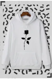 Unisex Gül Baskılı Beyaz Kapüşonlu Sweatshirt-alttext1