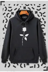 Unisex Gül Baskılı Siyah Kapüşonlu Sweatshirt-alttext1