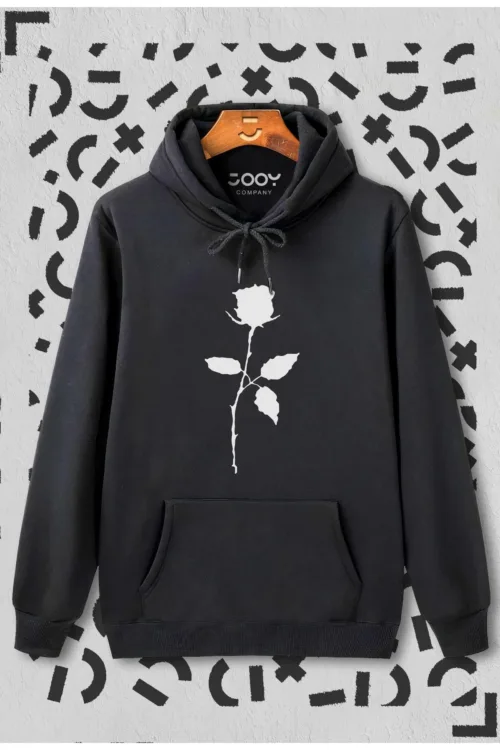 Unisex Gül Baskılı Siyah Kapüşonlu Sweatshirt