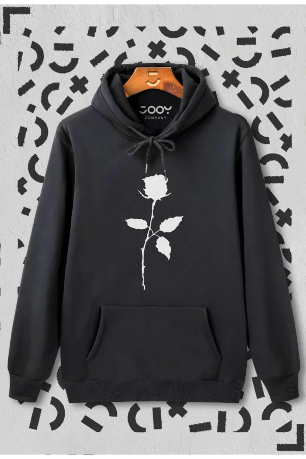 Unisex Gül Baskılı Siyah Kapüşonlu Sweatshirt - XL-alttext1