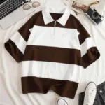 Unisex Kahverengi Beyaz Çizgili Yarım Fermuarlı Polo Yaka T-Shirt - XL-alttext1