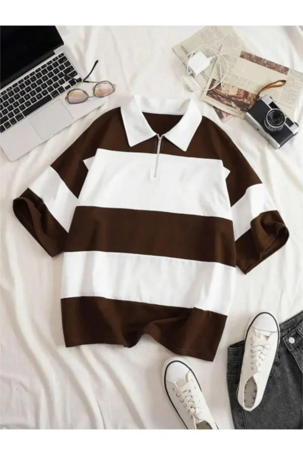 Unisex Kahverengi Beyaz Çizgili Yarım Fermuarlı Polo Yaka T-Shirt - XL-alttext1