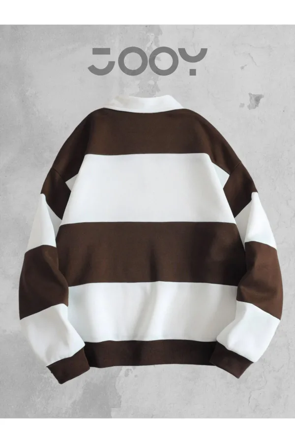 Unisex Kahverengi Beyaz Polo Yaka Fermuarlı Parçalı Sweatshirt - XL-alttext2