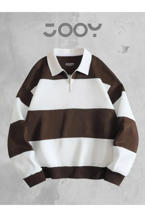 Unisex Kahverengi Beyaz Polo Yaka Fermuarlı Parçalı Sweatshirt