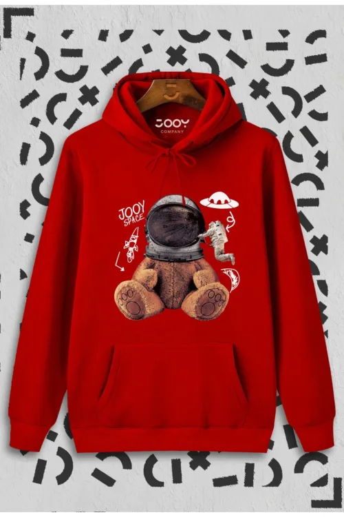 Unisex Kırmızı Astronot Ayıcık Baskılı Sweatshirt